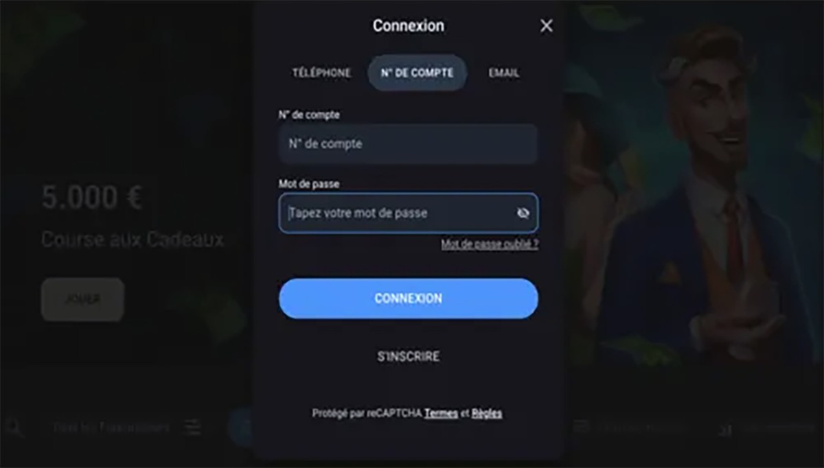 Login popup modal in French showing account number and password fields, a blue “Connexion” button, and links to register and recover a forgotten password on a dark casino website interface.