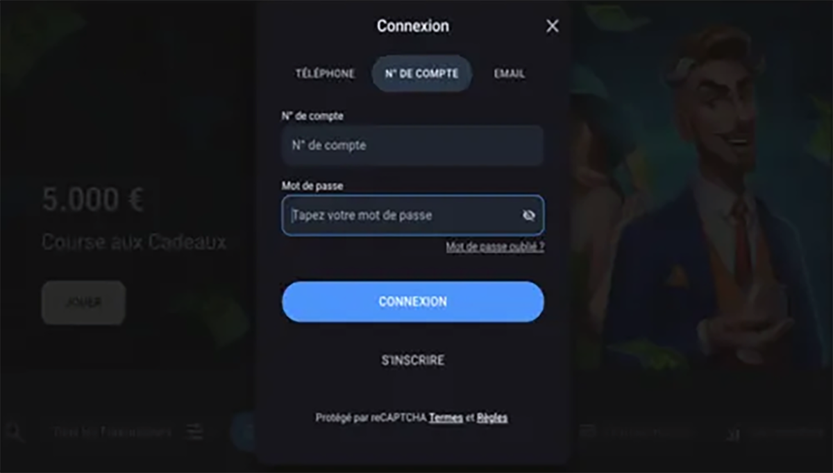 Login popup modal in French showing account number and password fields, a blue “Connexion” button, and links to register and recover a forgotten password on a dark casino website interface.