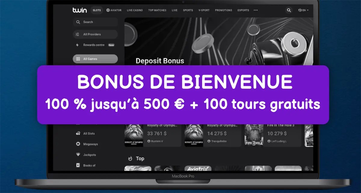 Twin Casino website shown on a laptop screen with a large purple banner promoting a French welcome bonus of 100% up to €500 plus 100 free spins, displayed over the casino games interface.