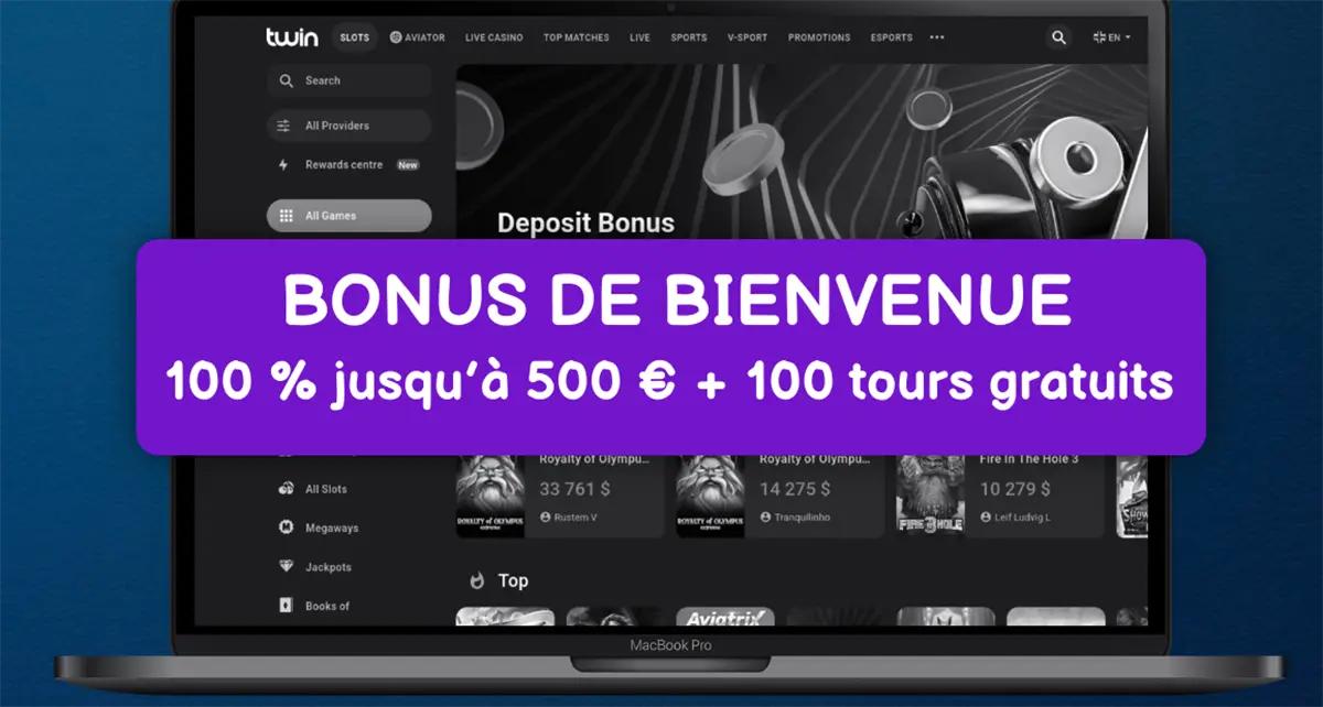 Twin Casino website shown on a laptop screen with a large purple banner promoting a French welcome bonus of 100% up to €500 plus 100 free spins, displayed over the casino games interface.
