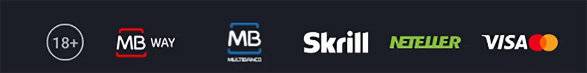 Casino footer with 18+ age restriction icon and payment method logos including MB Way, Multibanco, Skrill, Neteller, and Visa displayed on a dark background.