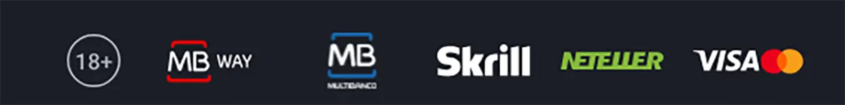 Casino footer with 18+ age restriction icon and payment method logos including MB Way, Multibanco, Skrill, Neteller, and Visa displayed on a dark background.